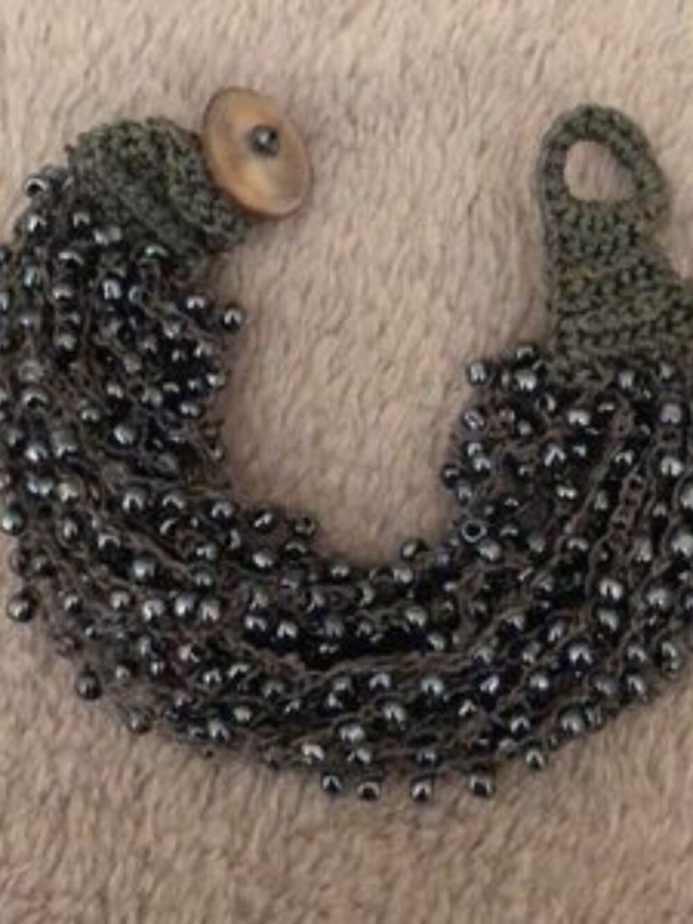 Beaded Multi-Strand Crochet Bracelet Dark Gray Gunmetal Button Closure
